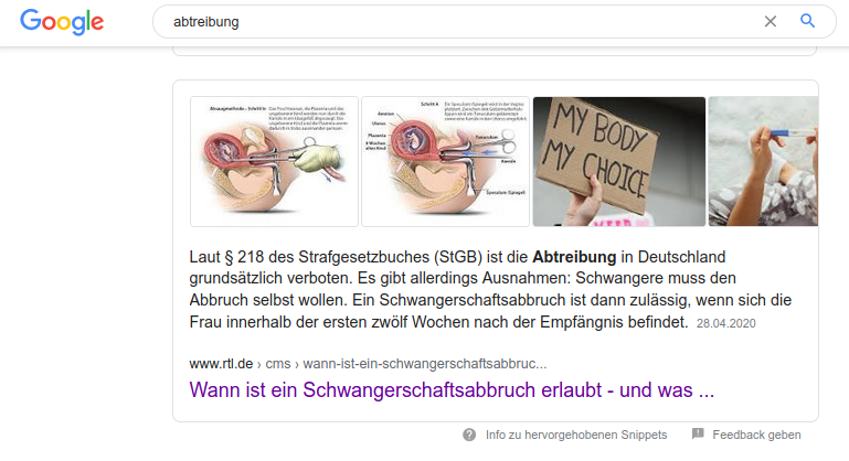 Screenshot der Google-Suchergebnisse für Abtreibung mit rtl.de an erster Stelle