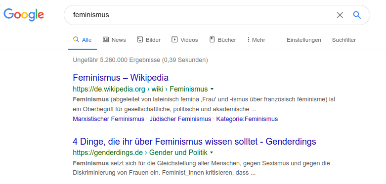 Screenshots der Suchergebnisse zum Suchbegriff Feminismus: listen genderdings.de auf Platz 2