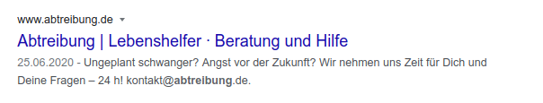 Screenshot des Google-Suchergebnisses der Seite abtreibung.de, in der Beschreibung wird Beratung und Hilfe über eine Hotline angeboten