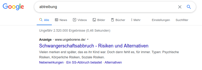 Screenshot der Google-Suchergebnisse für Abtreibung mit einer Anzeige von ungeborene.de an erster Stelle