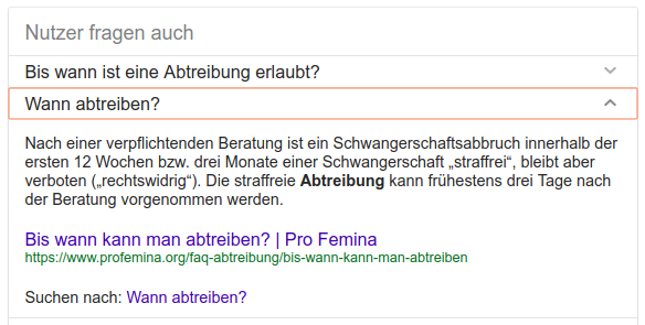 Screenshot der Google-Suchergebnisse Andere Nutzer fragen auch mit einer Antwort von Pro Femina auf die Frage Wann abtreiben?