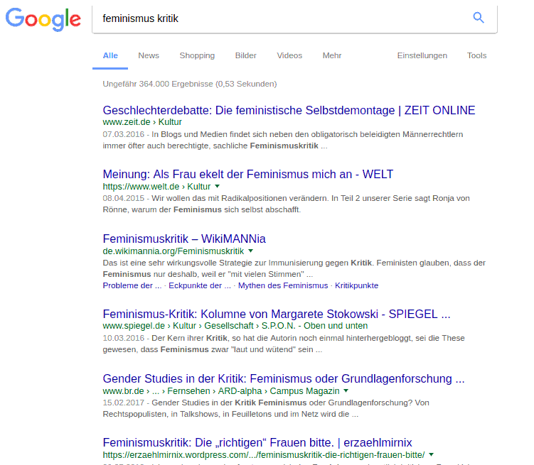 Screenshot der Google-Suchergebnisse für Suchbegriff Feminismus Kritik