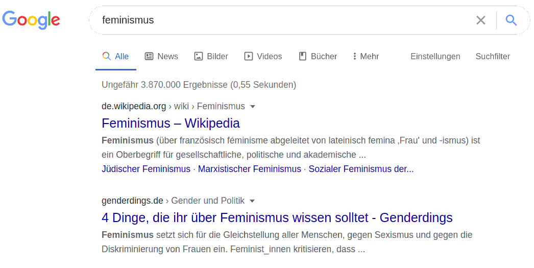 Screenshot Google-Suchergebnisse für Feminismus mit Genderdings an zweiter Stelle
