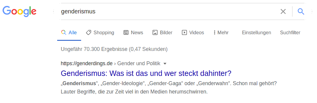 Screenshot Google-Suchergebnisse für Genderismus mit Genderdings an erster Stelle