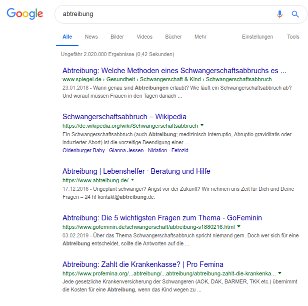Screenshot der Google-Suchergebnisse für den Suchergebnis Abtreibung, zwei der gelisteten Webseiten in den Top 5 sind von selbsternannten Lebensschützern